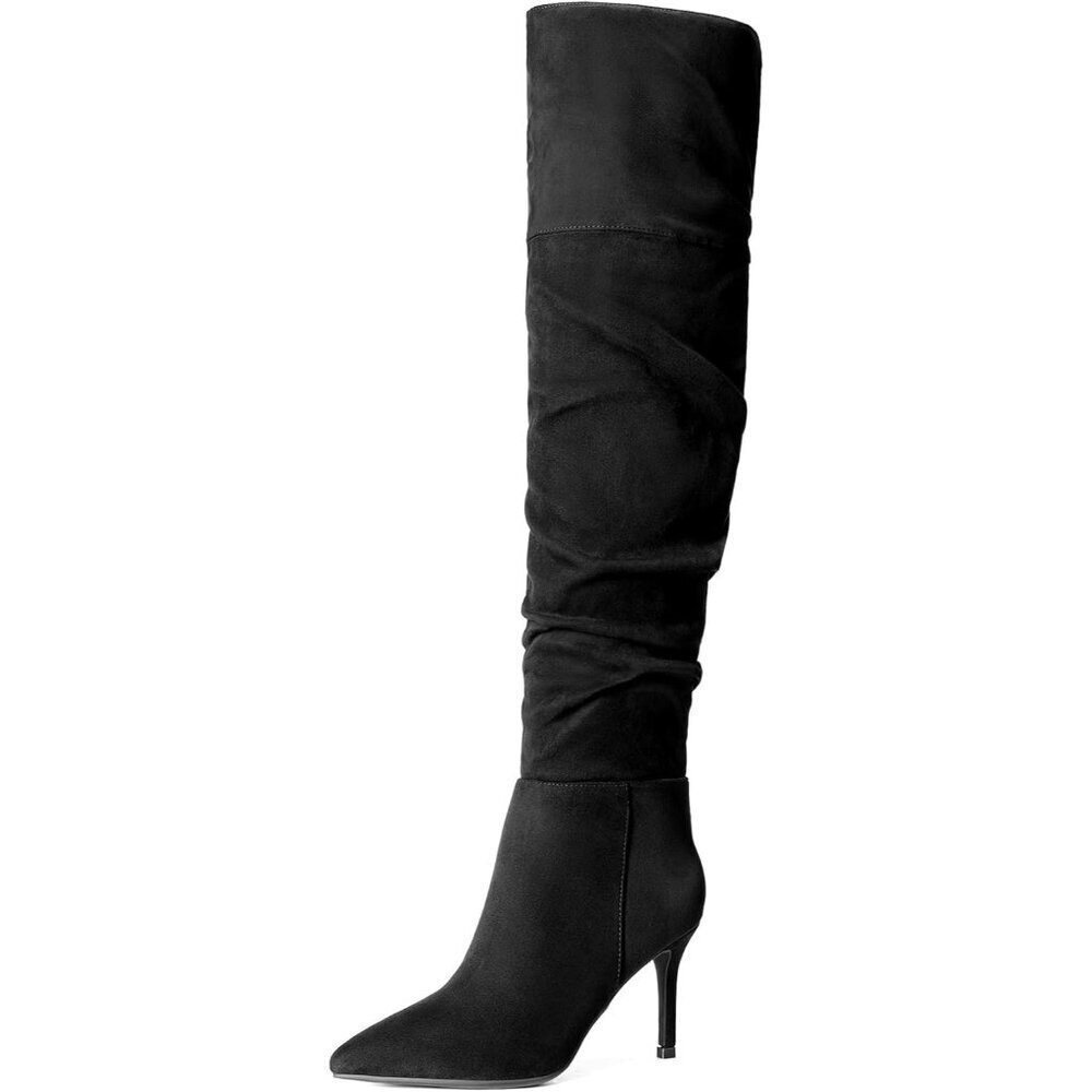 Women's Black-suede Faux Leather Over The Knee Boots Thigh High Pointed Toe Boot